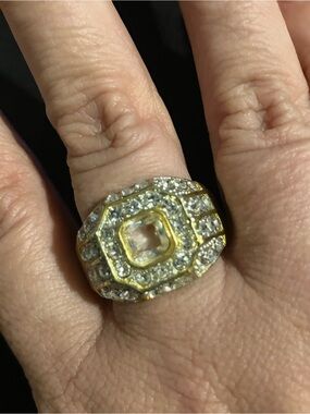 Gold-Tone Sterling Cushion Halo Ring with Clear Crystals